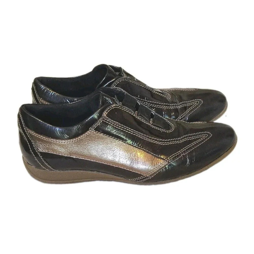 Micadel Black Patent & Metallic Leather Slip On Sneaker Loafer 6 Leather Spain